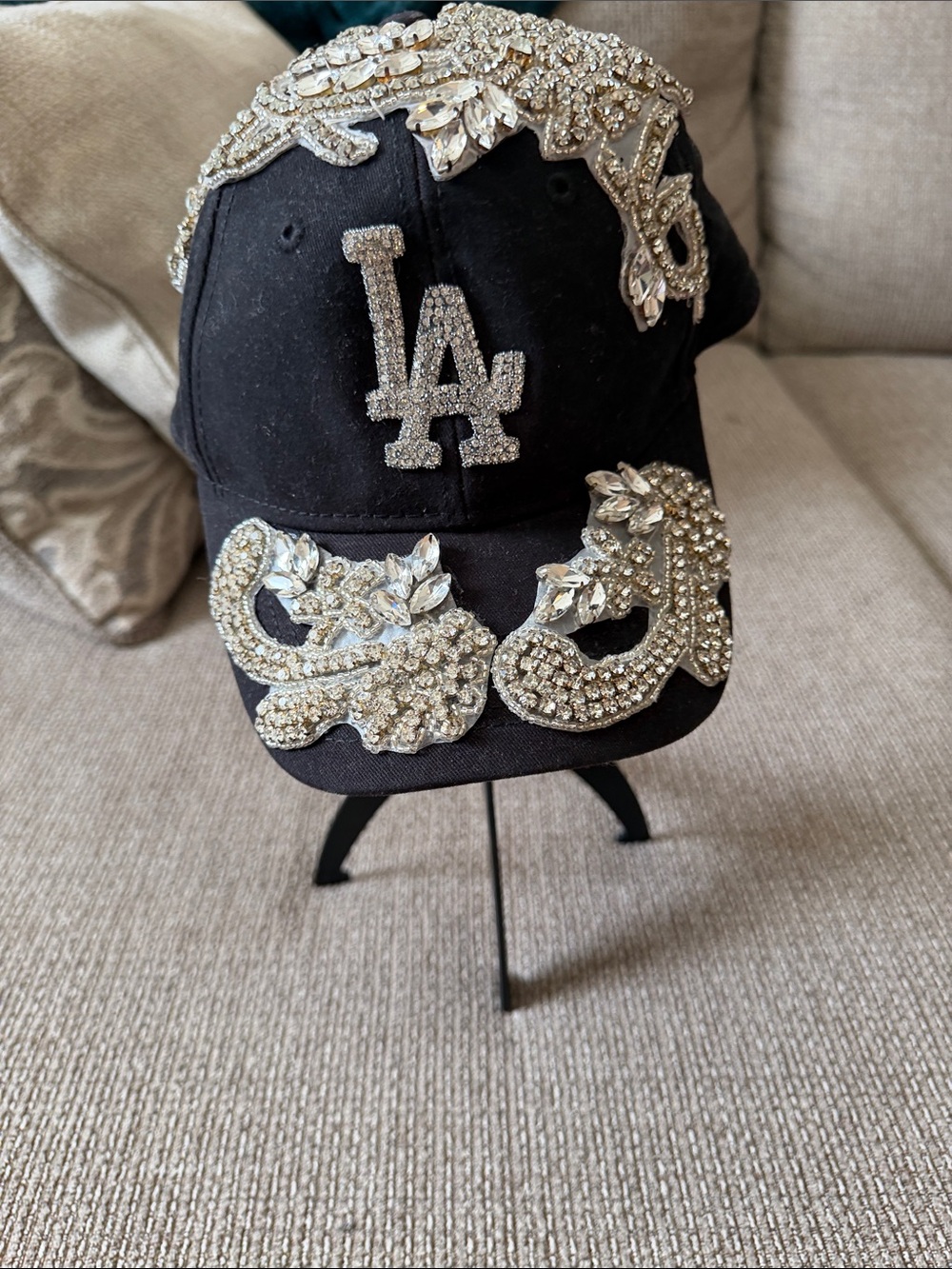 LA Embellished Black Baseball Cap with Crystal Appliqué